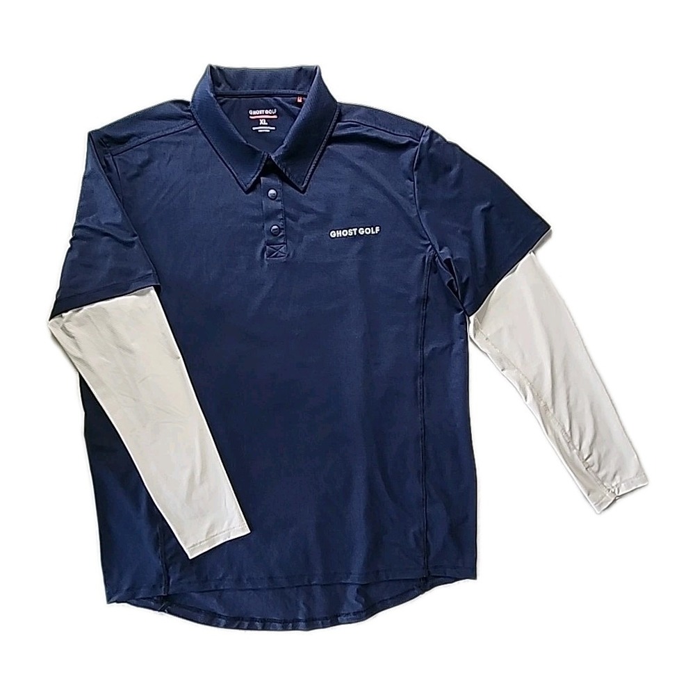 Ghost Golf Range Pro XL Long Sleeve Performance Polo 2-in-1 Shirt Blue/Whte EUC